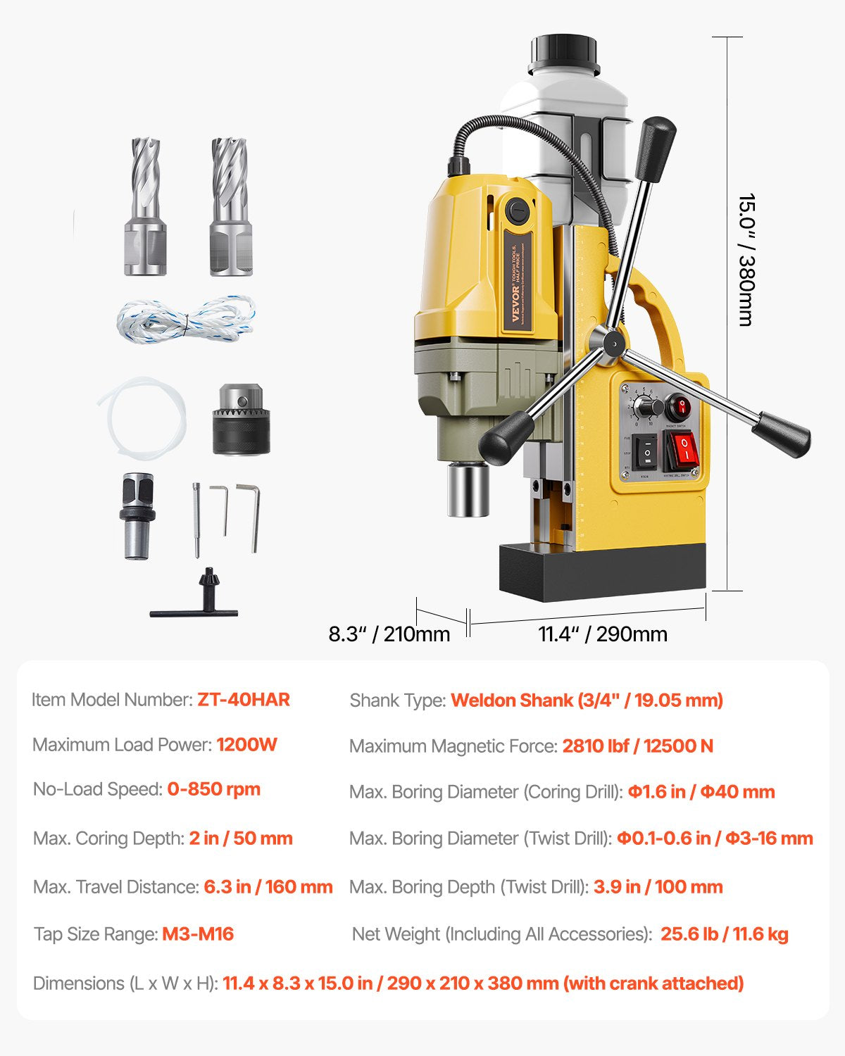 Magnetborr, 1200W motor 1,6 tum borrdiameter, 2810 lbf elektrisk magnetborrpress, med 2 kärnborrar, variabel hastighet, borrmaskin för metallytor, heminredningsindustrin, gul