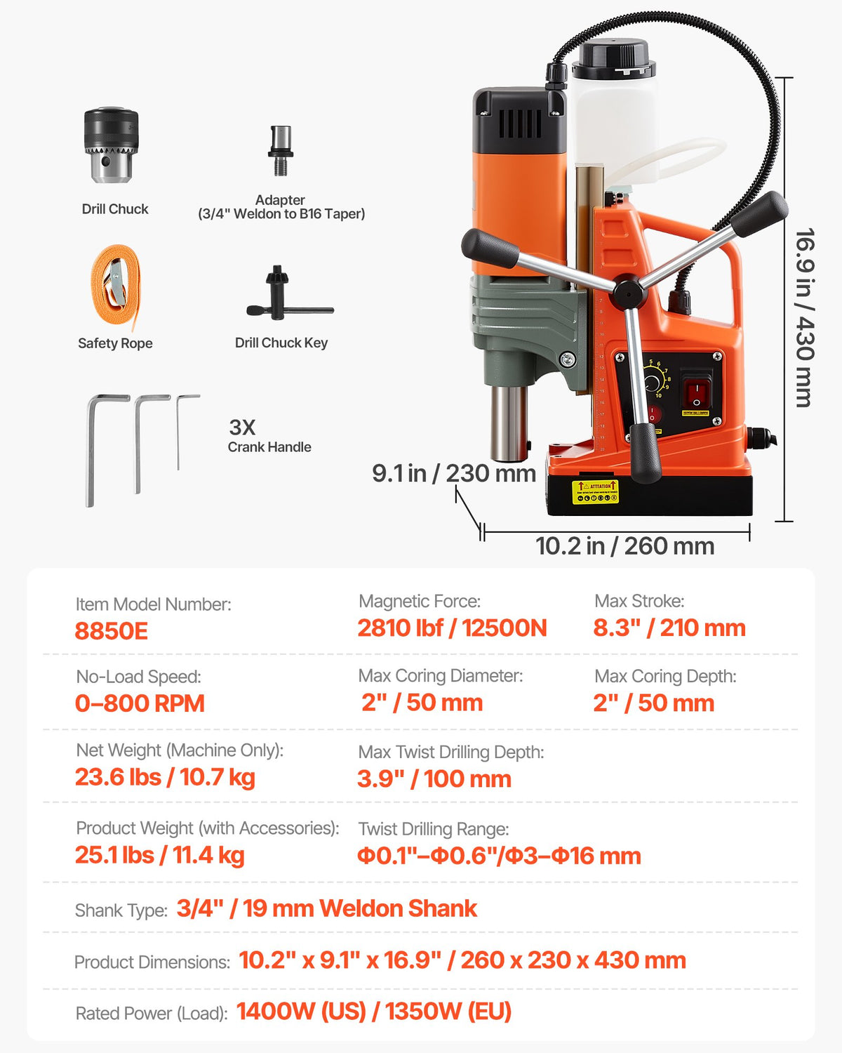 Magnetisk borrpress, 1350 W, 50 mm borrdiameter, 12500N bärbar magnetborrpress, 0–800 varv/min justerbar hastighet, med Weldon-skaft, för metallytor, industri och heminredning