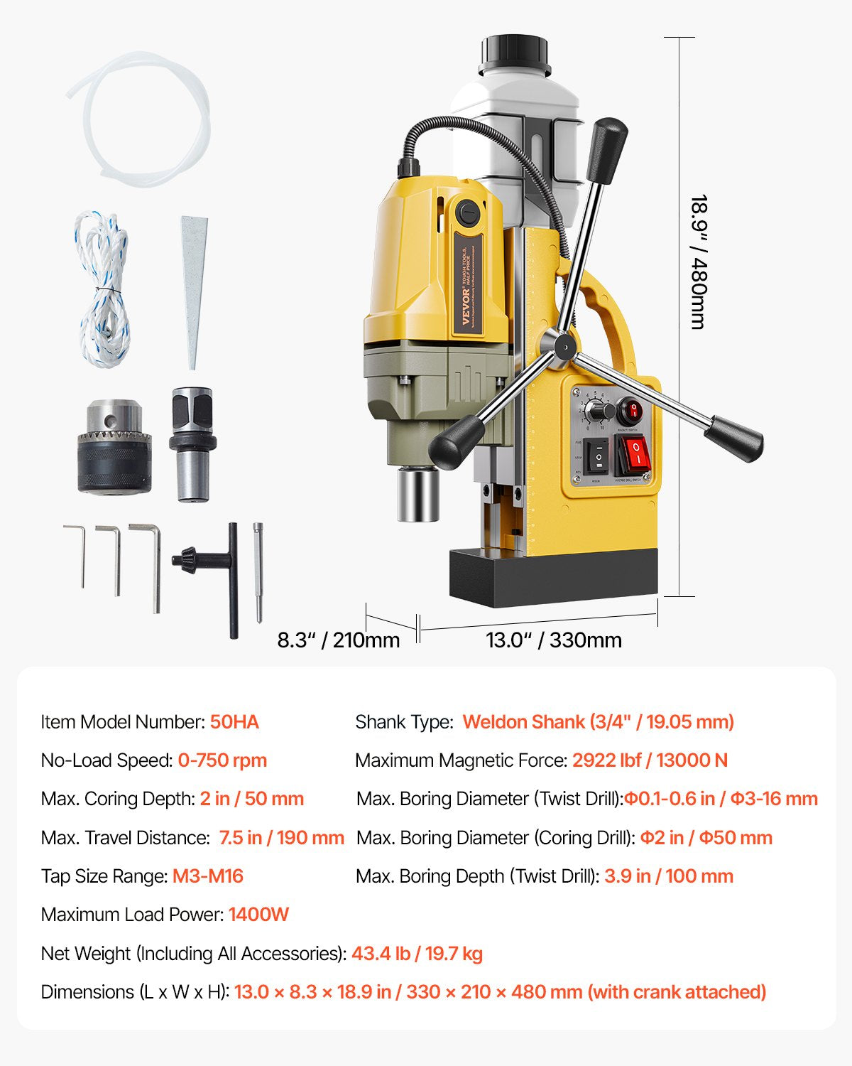 Magnetborrmaskin, 1400W motor, 2 tums borrdiameter, 2922 lbf bärbar elektrisk magnetborrpress, 0-750 varv/min variabel hastighet, borrmaskin för metallytor, industri och heminredning
