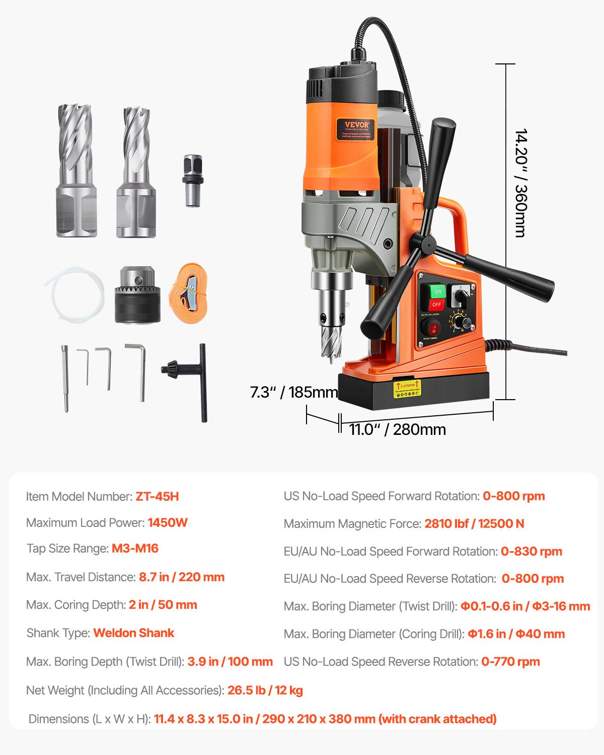 Magnetborrmaskin, 1450W motor, 1,6 tum borrdiameter, 2810 lbf bärbar elektrisk magnetborrpress, med 2 kärnborrar, variabel hastighet, borrmaskin för metallytor, heminredningsindustrin