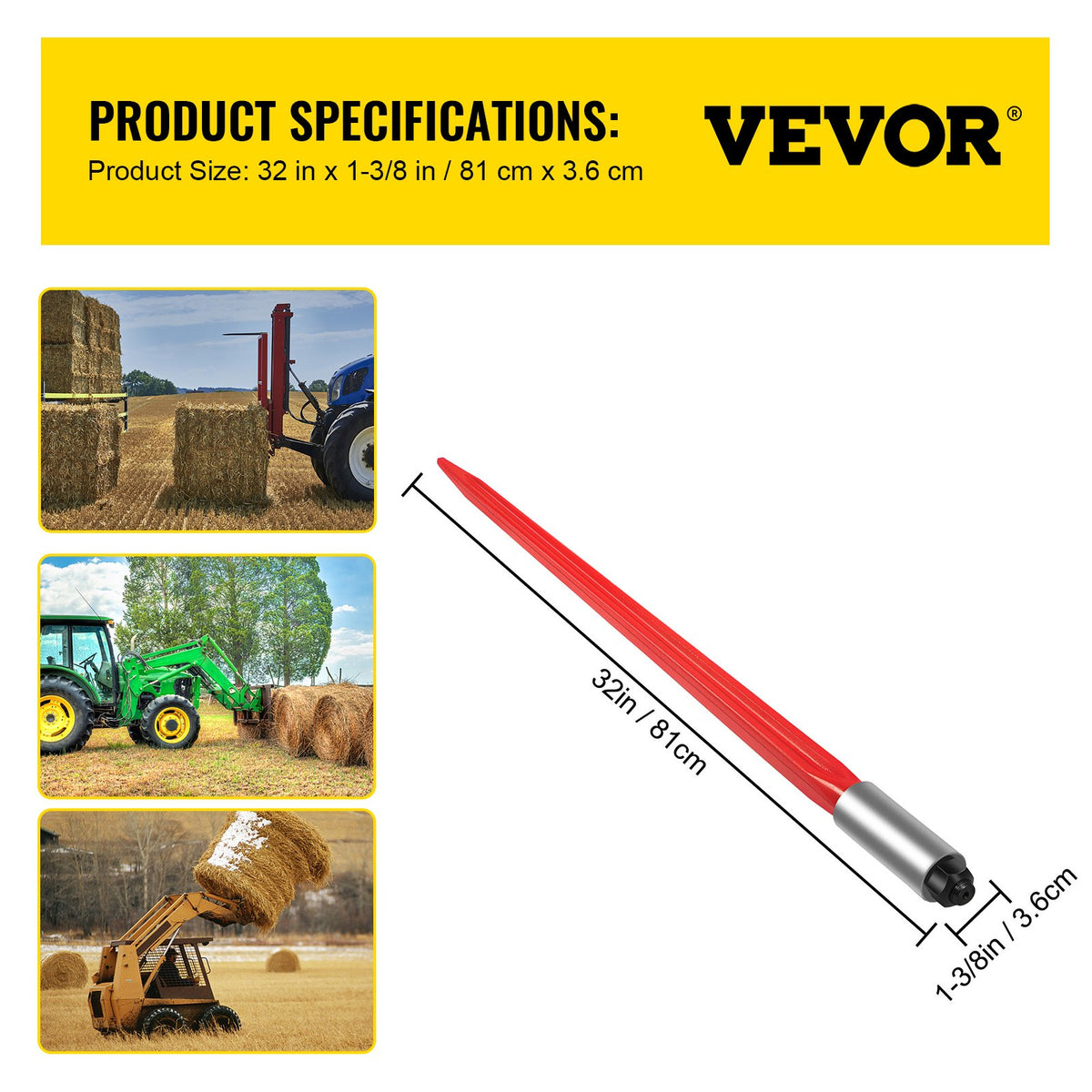 Hay Spear 32" Bale Spear 1350 lbs Capacity, Bale Spike Quick Attach Square Hay Bale Spears 1.4" Wide, Red Coated Bale Forks, Bale Hay Spike with Hex Nut & Sleeve for Buckets Tractors Loaders
