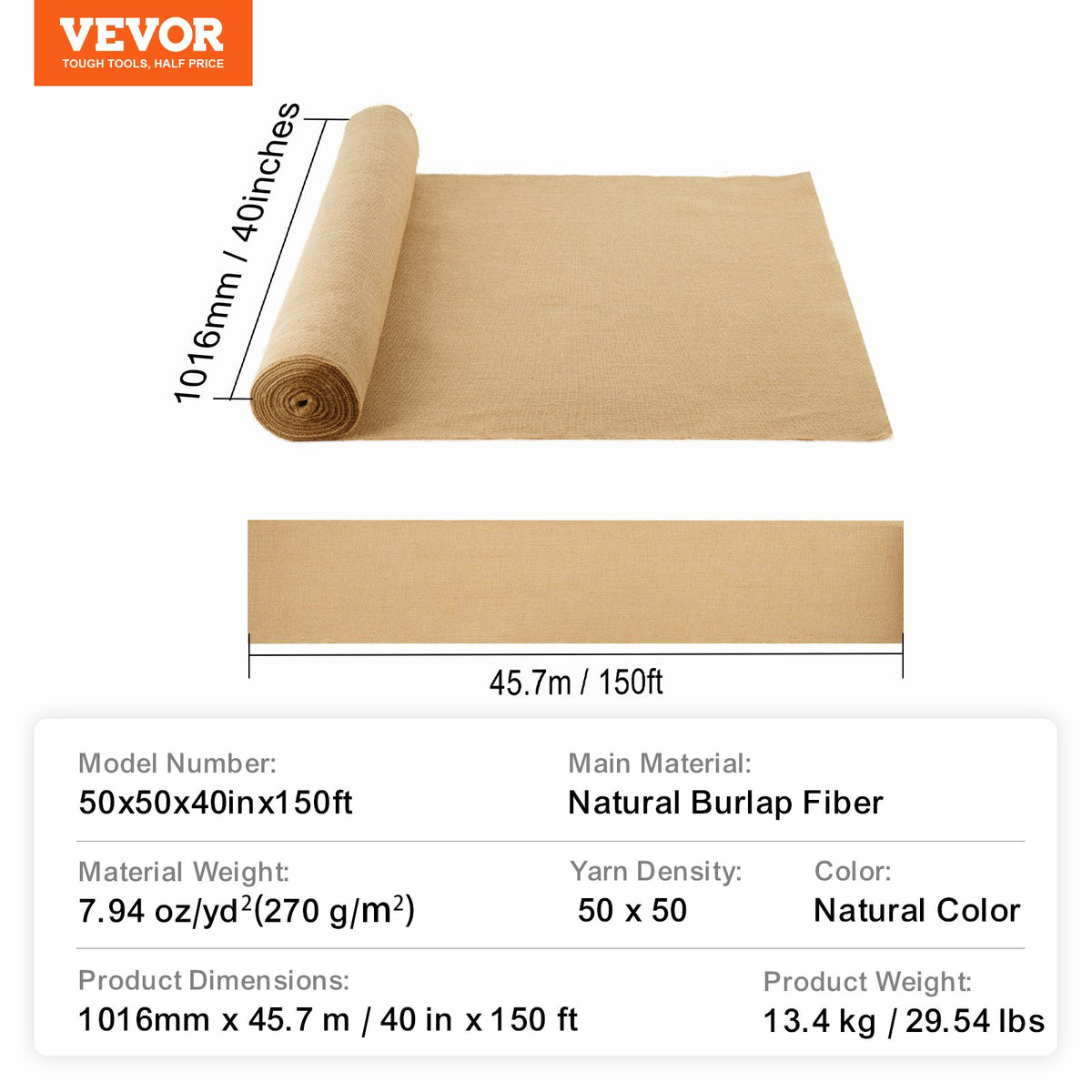 Rulle av säckväv, 40” x 150 ft och 50 x 50 högdensitets breda naturliga säckvävrullar, rulle av jutetyg för träd, för dekoration, hantverk, bröllop, trädgårdsskötsel, vintertäckning för växter och träd