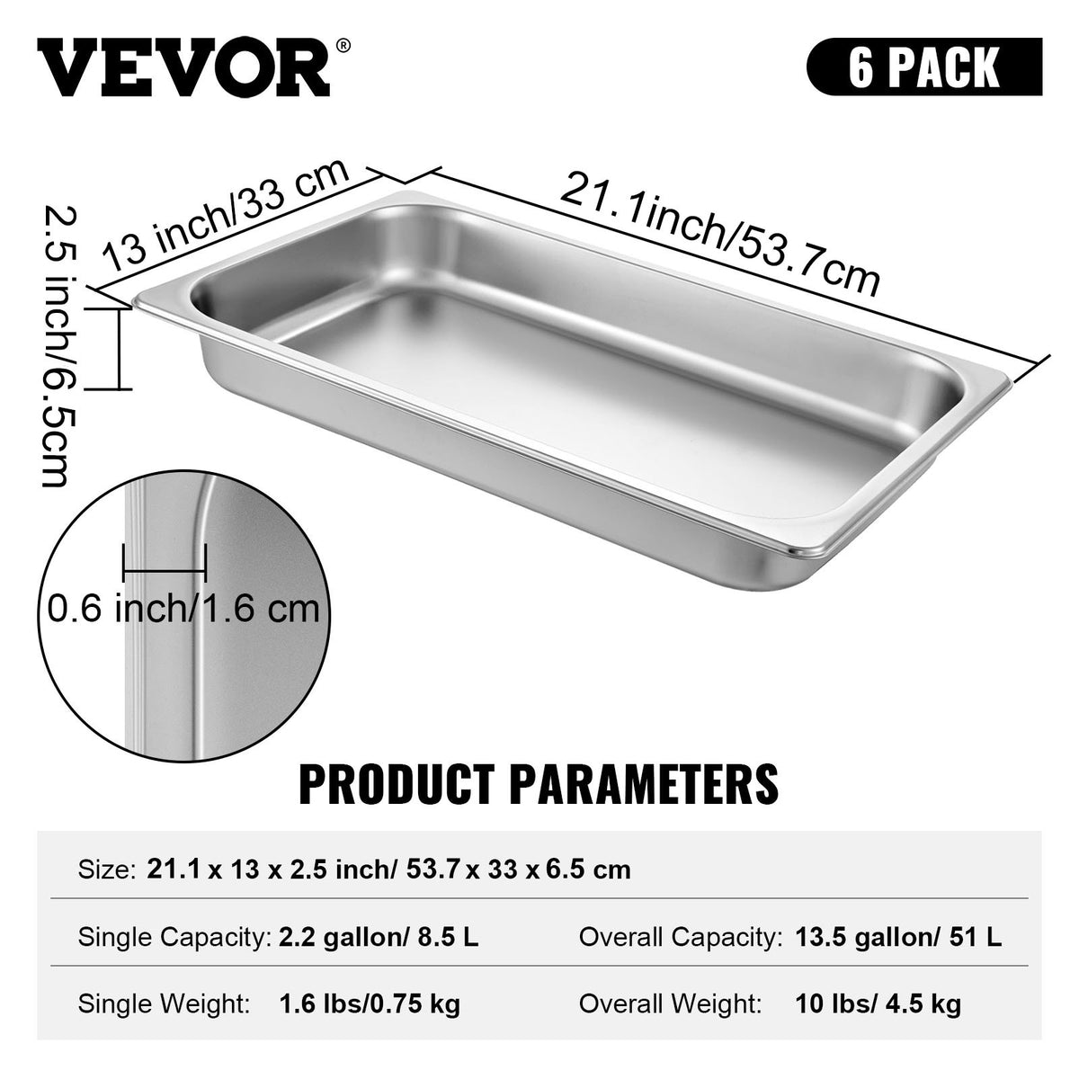 6-pack ångbordsformar 20,9 x 12,8 x 2,6 tum djupa ångbordsformar full storlek 8,5 l djup matbehållare rostfritt stål ugnsplåt hotellformar anti-jam ångbordsform mat