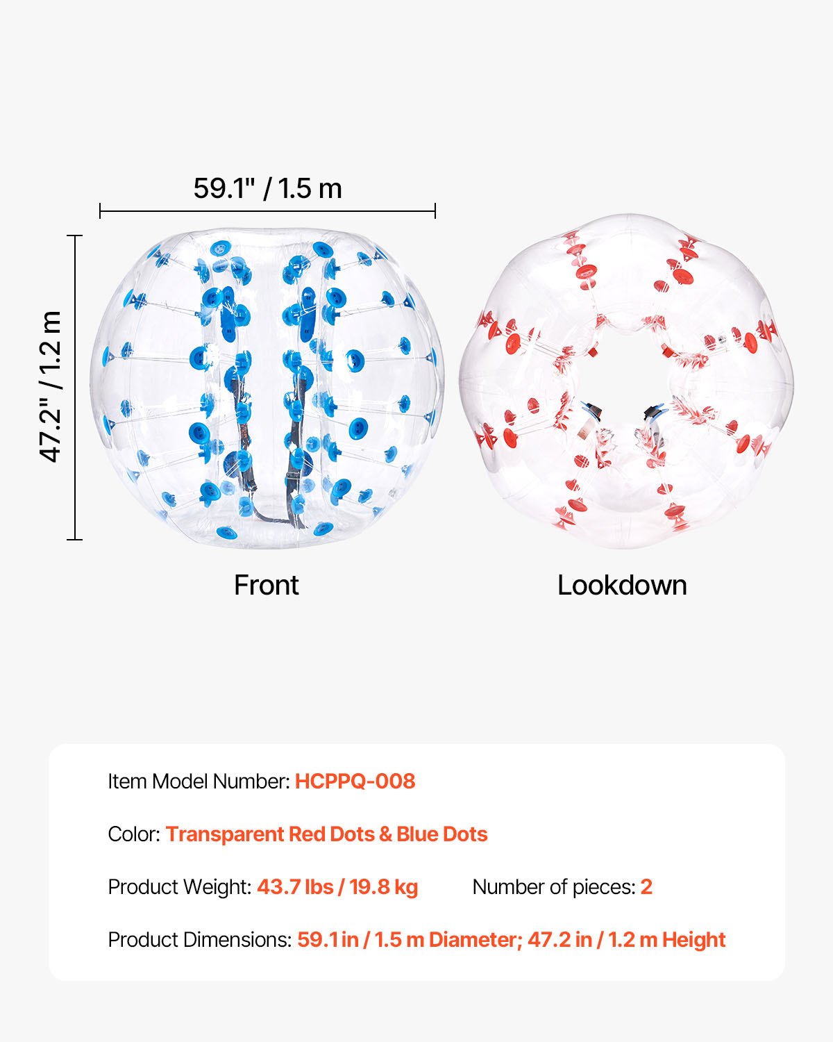 Uppblåsbara Bumper Balls 2-pack, 5FT/1.5M Body Sumo Zorb-bollar för tonåringar och vuxna, 0.8mm tjocka PVC-mänskliga hamsterbubbelbollar för utomhuslek, Bumper Bopper-leksaker för trädgård, gård, park