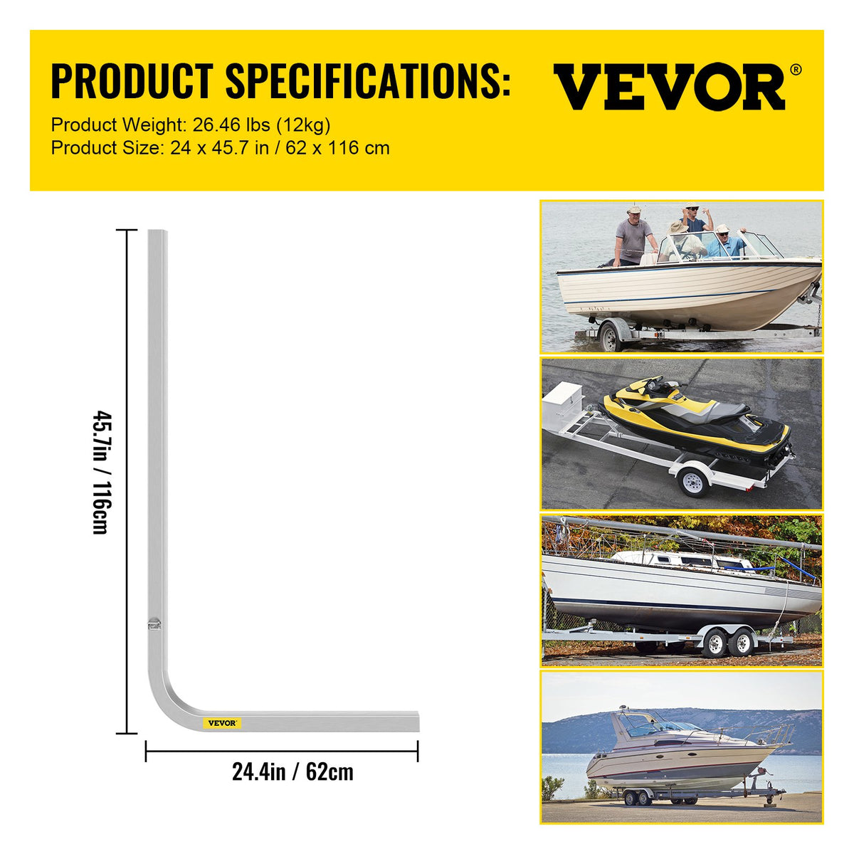 Boat Trailer Guide-ons, 46\", One Pair Aluminum Trailer Guide ons, Rust-Resistant Trailer Guides with Adjustable Width, Mounting Parts Included, for Ski Boat, Fishing Boat or Sailboat Trailer