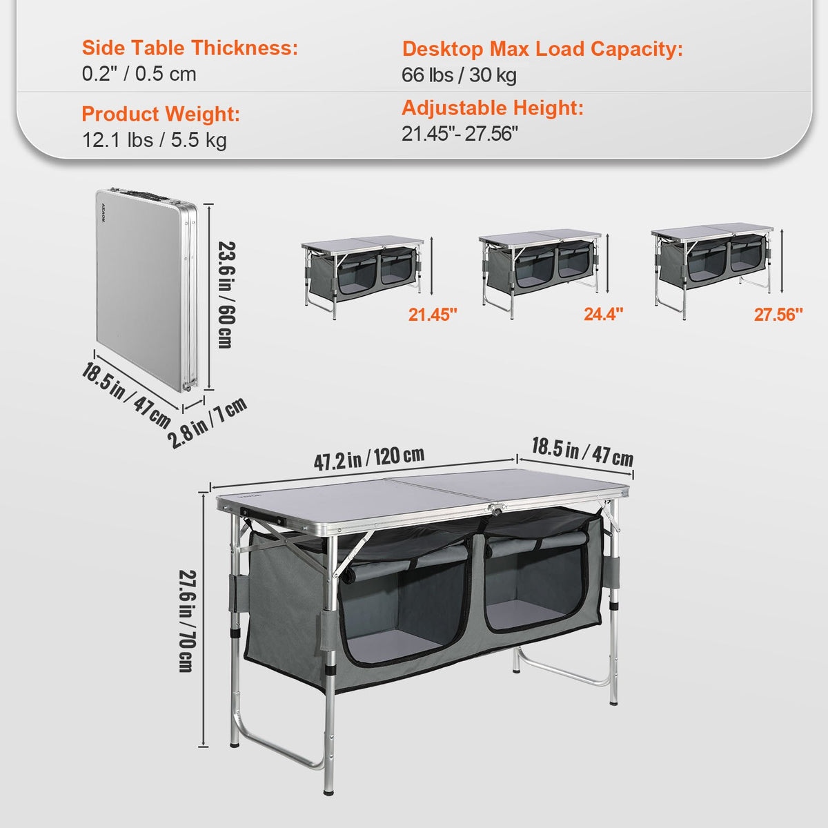 Camping Kitchen Table Folding Portable Cook Station 3 Adjustable Heights