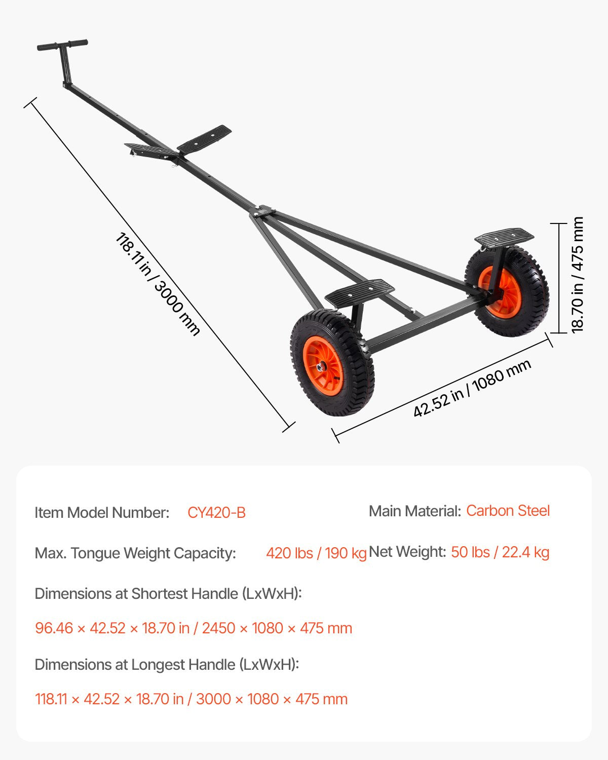 Båttrailervagn, 180 kg lastkapacitet, släpvagnsflyttmaskin i kolstål med justerbar längd, 41 cm luftfyllda däck och halkfri stödkonsol, för flytt av kajak, motorbåt, fiskebåt