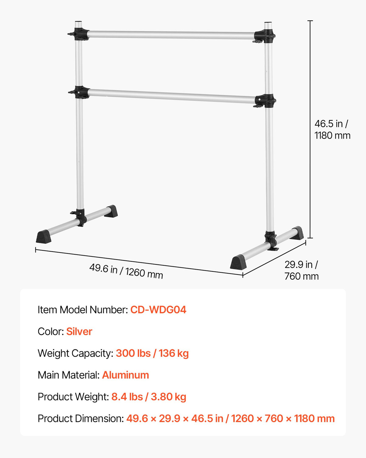 Balettstång, dubbelstång i aluminium för hemmabruk, fristående bärbara balettstretchstänger för dans, höjdjusterbar anti-wobble fitnessstudioutrustning, för pilates balansträning