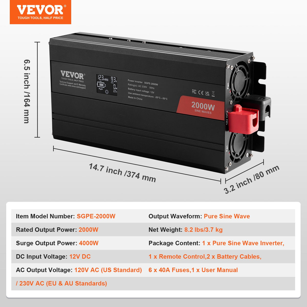 Ren sinusvågsväxelriktare, 2000 watt, DC 12V till AC 230V växelriktare med 2 AC-uttag, 2 USB-portar, 1 typ-C-port, LCD-skärm och fjärrkontroll för medelstora hushållsapparater, CE FCC