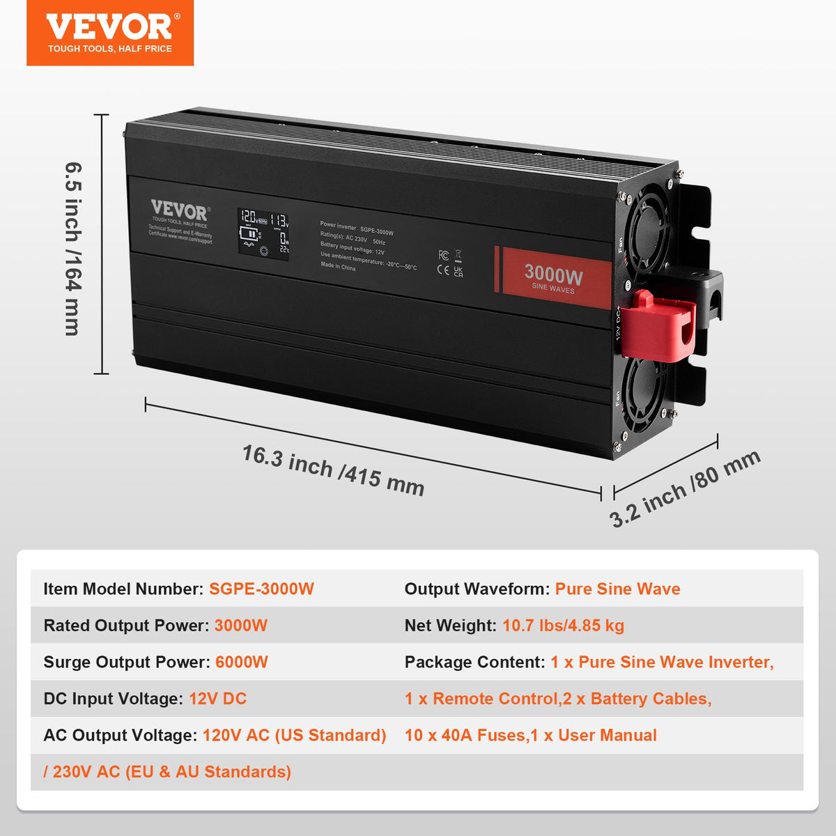 Ren sinusvågsväxelriktare, 3000 watt, DC 12V till AC 230V växelriktare med 2 AC-uttag, 2 USB-portar, 1 typ-C-port, LCD-skärm och fjärrkontroll för stora hushållsapparater, CE FCC-certifierad
