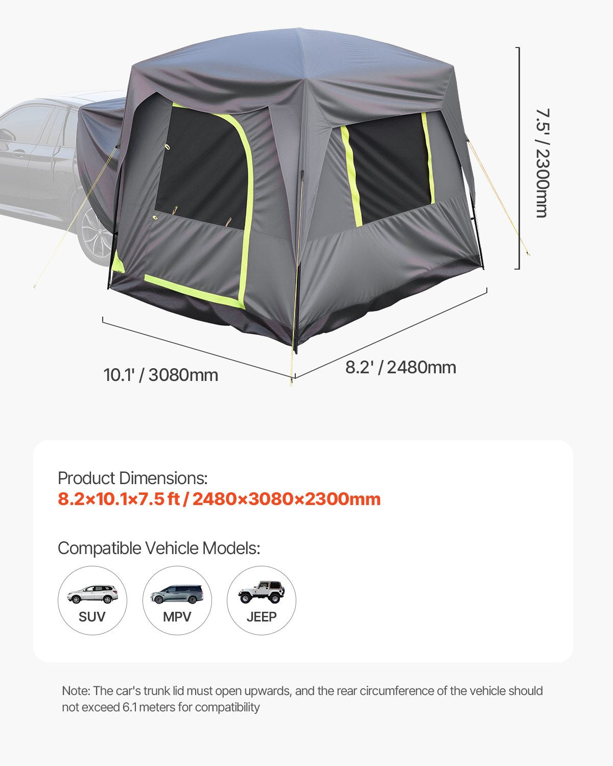 SUV-tält för camping, 3 meter L x 2,4 meter B, vattentät PU, 2000 mm rymlig dubbelskiktsdesign för 5-8 personer, SUV-campingtält med nätfönster, inkluderar regnbåge och förvaringsväska, för utomhusaktiviteter