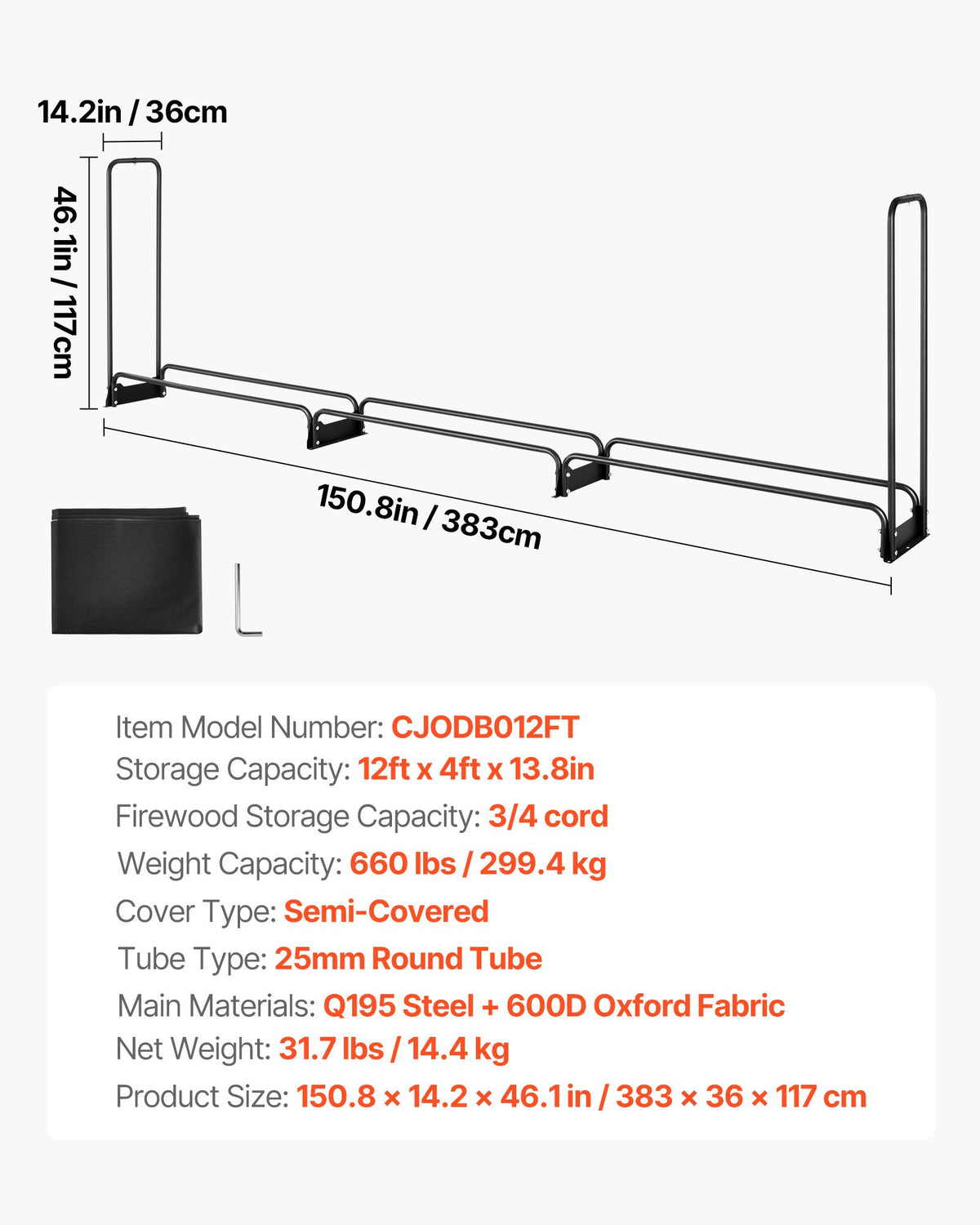 3.9m Outdoor Firewood Rack with Cover, 386 cm x 36 cm x 117 cm, Heavy Duty Firewood Holder & 600D Oxford Waterproof Cover for Fireplace, Patio, Indoor/Outdoor Log Storage Rack for 3/4 Cord of Firewood