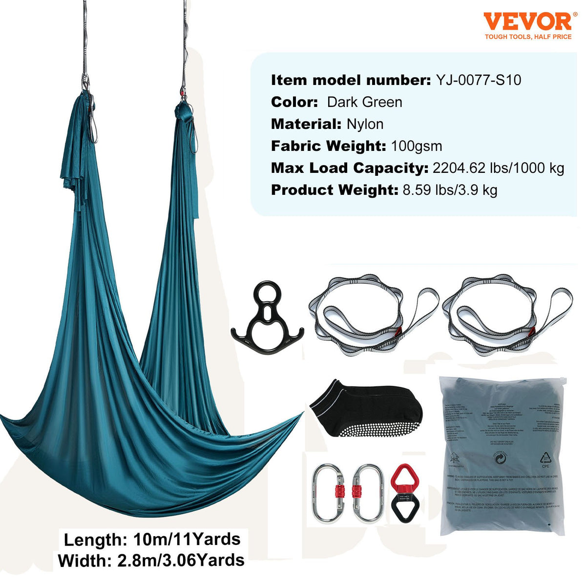 Aerial Silk & Yoga Swing, 11 Yards, Aerial Yoga Hammock Kit med 100gsm nylontyg, komplett riggningshårdvara och enkel installationsguide, antigravitationsflygning för alla nivåer fitness bodybuilding, grön