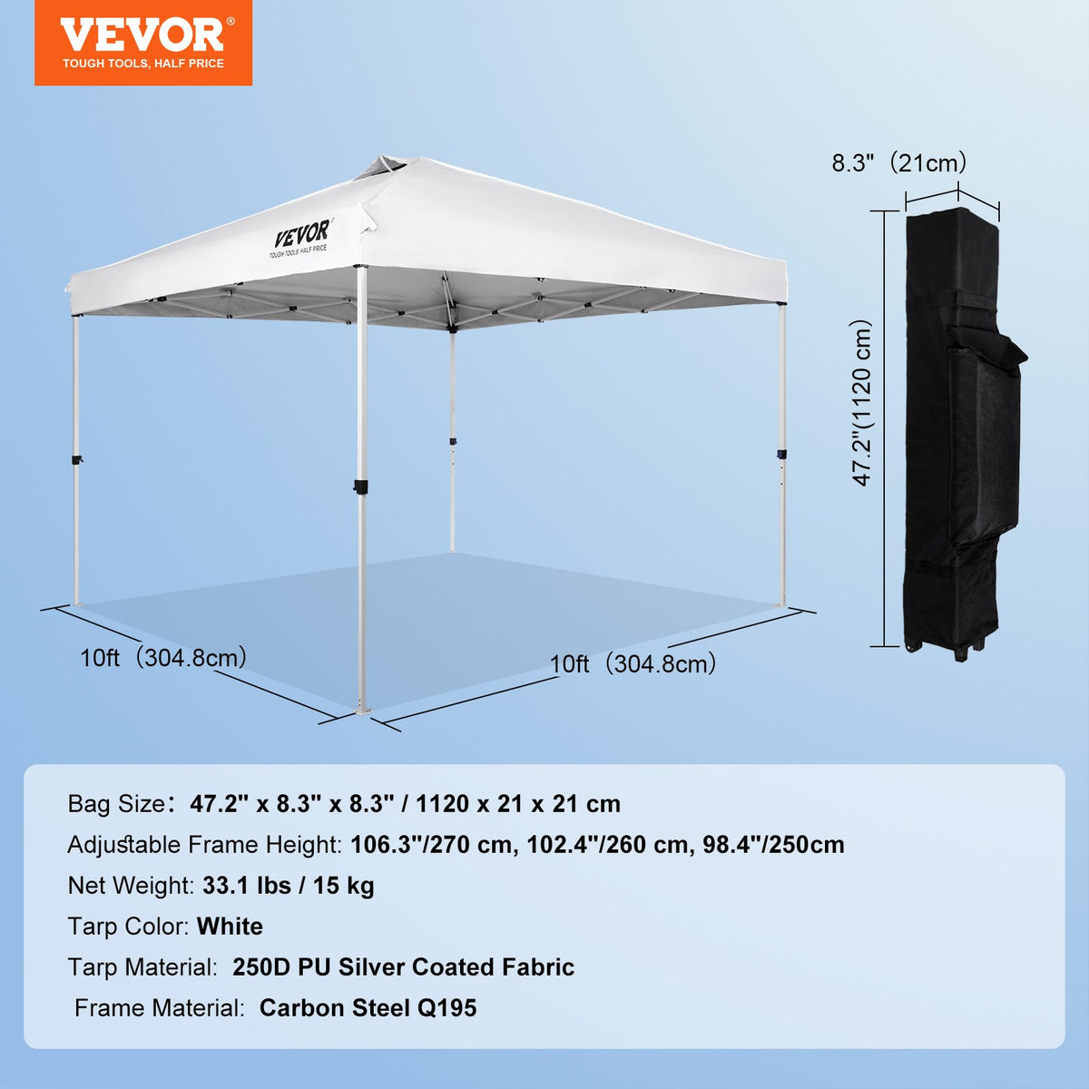 Pop Up-partytält med tak 304,8 x 304,8 cm med bärbar väska för camping, vitt