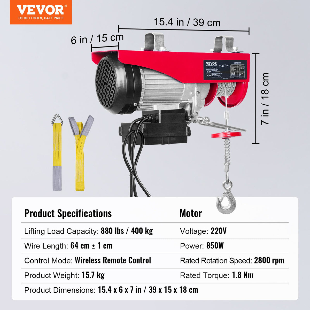 Electric Hoist, 399.2 kg Lifting Capacity, 850W 220V Electric Steel Wire Winch with Wireless Remote Control, 1219 cm Single Cable Lifting Height & Pure Copper Motor, for Garage Warehouse Factory