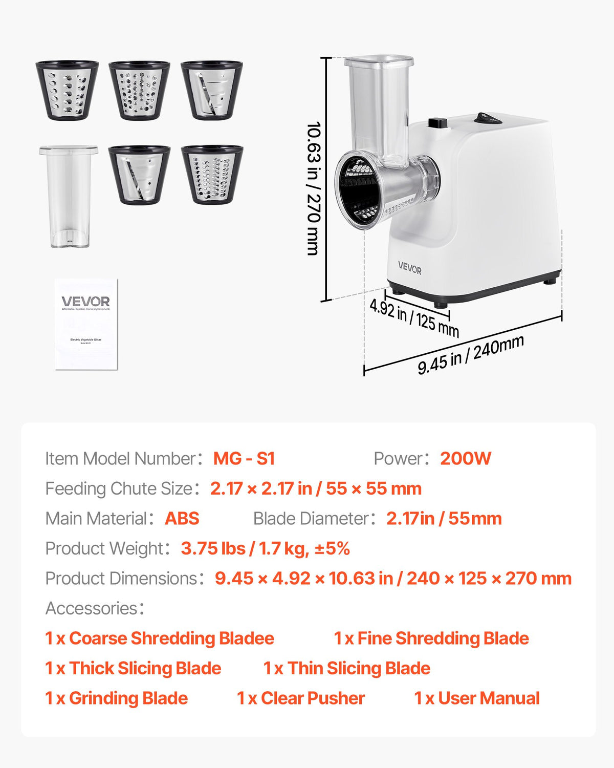 Electric Cheese Grater Salad Maker, 200W Salad Shooter, Electric Vegetable Slicer Shredder Chopper for Fruits with 5 Attachments, Stainless Steel Food Cutter for Vegetables, and Cheeses