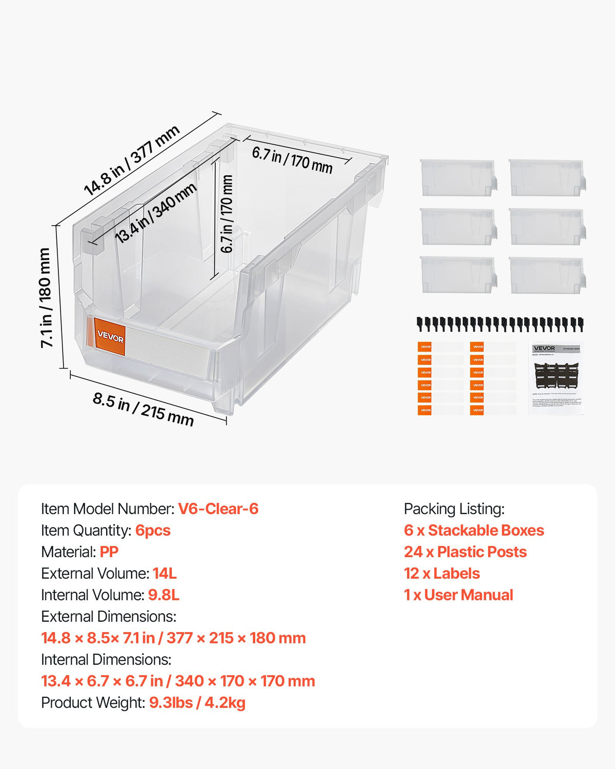 Stapelbara förvaringslådor i plast, 37,7 x 21,5 x 18 cm (6-pack), plastbehållare för organisering och förvaring av garderober, garage, smådelar, kontorsmaterial, andra tillbehör, transparent