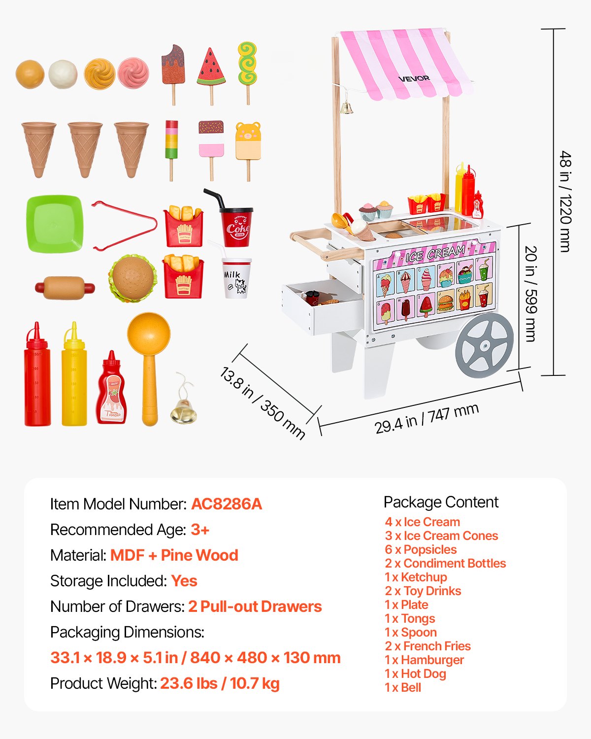 Glassvagn för barn, 20+ delar tillbehör, låtsaslek, glassbutik, köksmatleksaker med glasstrut och isglass, markis och frys, förvaringslådor och vändbara menyer, för barn i åldrarna 3-7