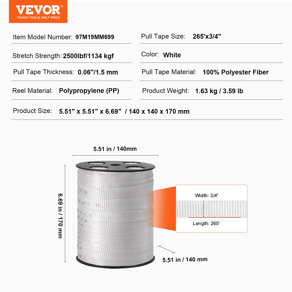 Polyesterdragtejp, 3/4" x 265' platt rep, dragkapacitet 2500 lbf, tryckt vävband för kabeldragning för förpackningar, trädgårdsskötsel, kommersiell el, rörledningsarbeten, vit
