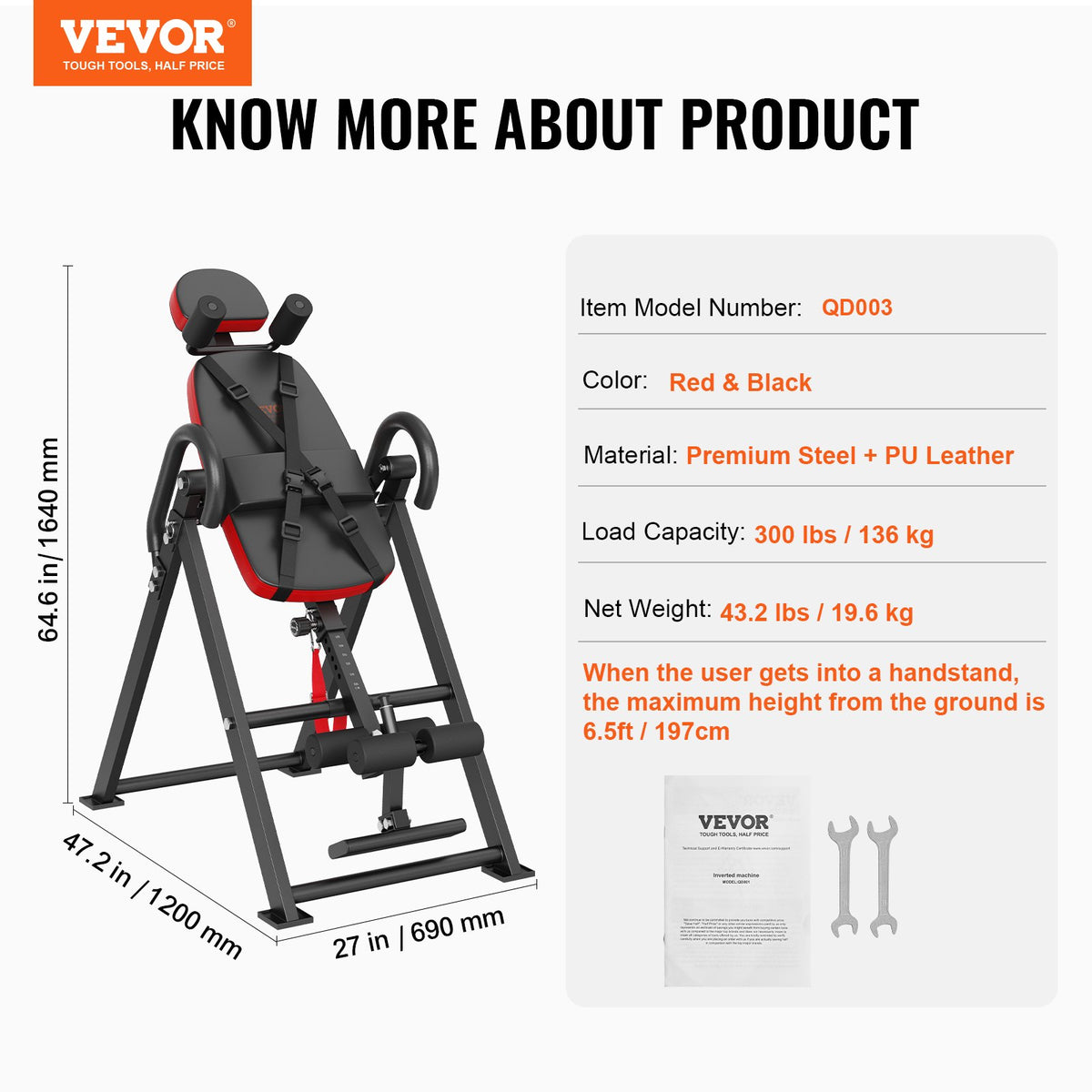 Inversionsbord, kraftigt inversionsbord med kapacitet på 136 kg, dekompressionsmaskin för ryggsträckning, styrketräningsutrustning med nackstöd, fotledslås, justerbart skyddsbälte, röd/svart