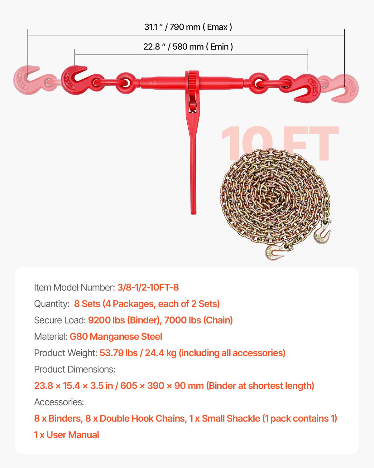 Ratchet Chain Binder, 10 mm x 3 m G80 Chains, 4173 kg Working Load of Ratchet Load Binder, Chains and Binders Set, Tie Down Hauling Chain Binders for Hauling, Towing, Logging, Lifting