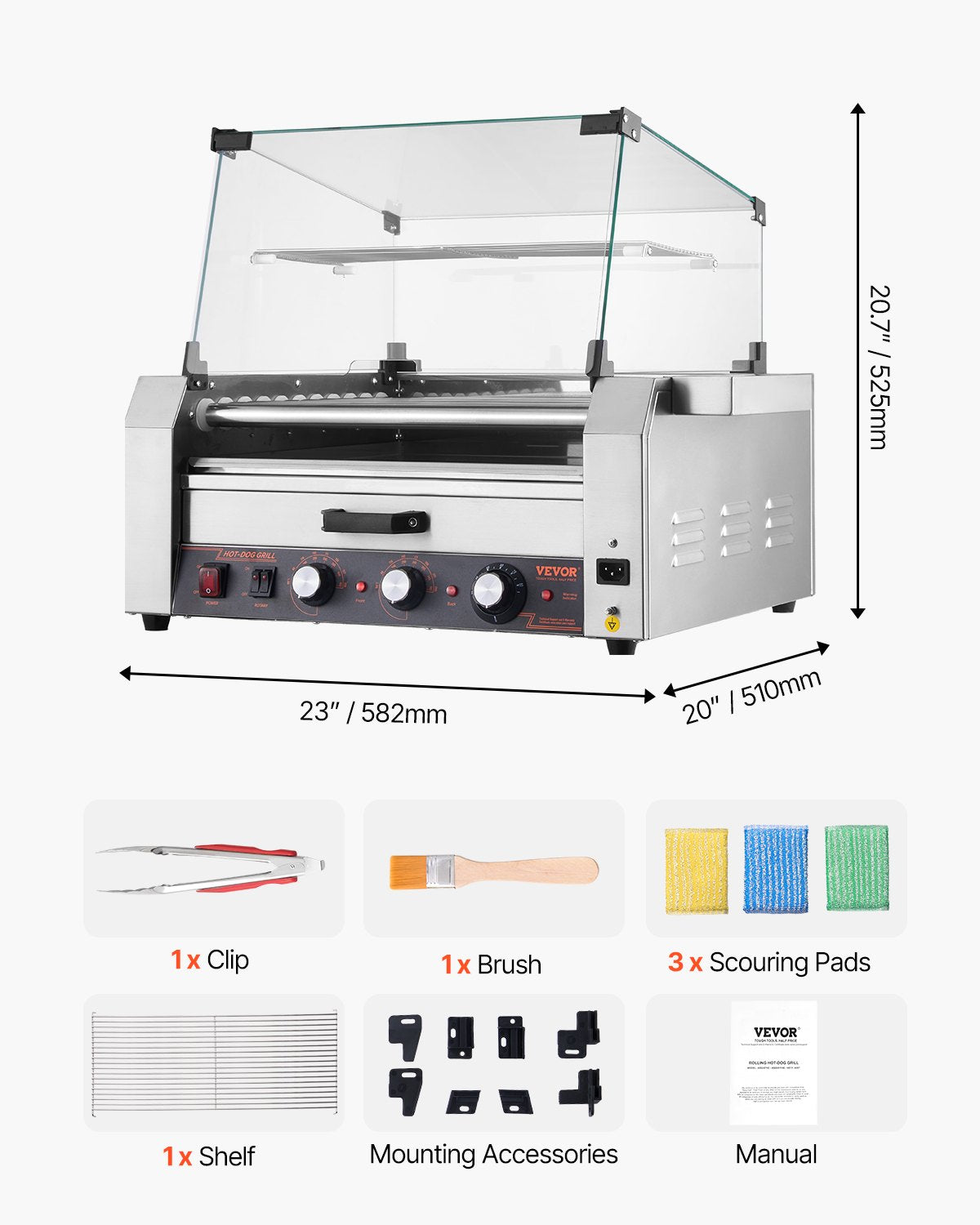 Varmkorvsrulle, 30 varmkorvar med 11 rullar, korvgrill i rostfritt stål, 2400W varmkorvsmaskin med bullvärmare, lock, 3 temperaturkontroller, sidoförvaringslåda, oljedroppbricka, för hem och företag