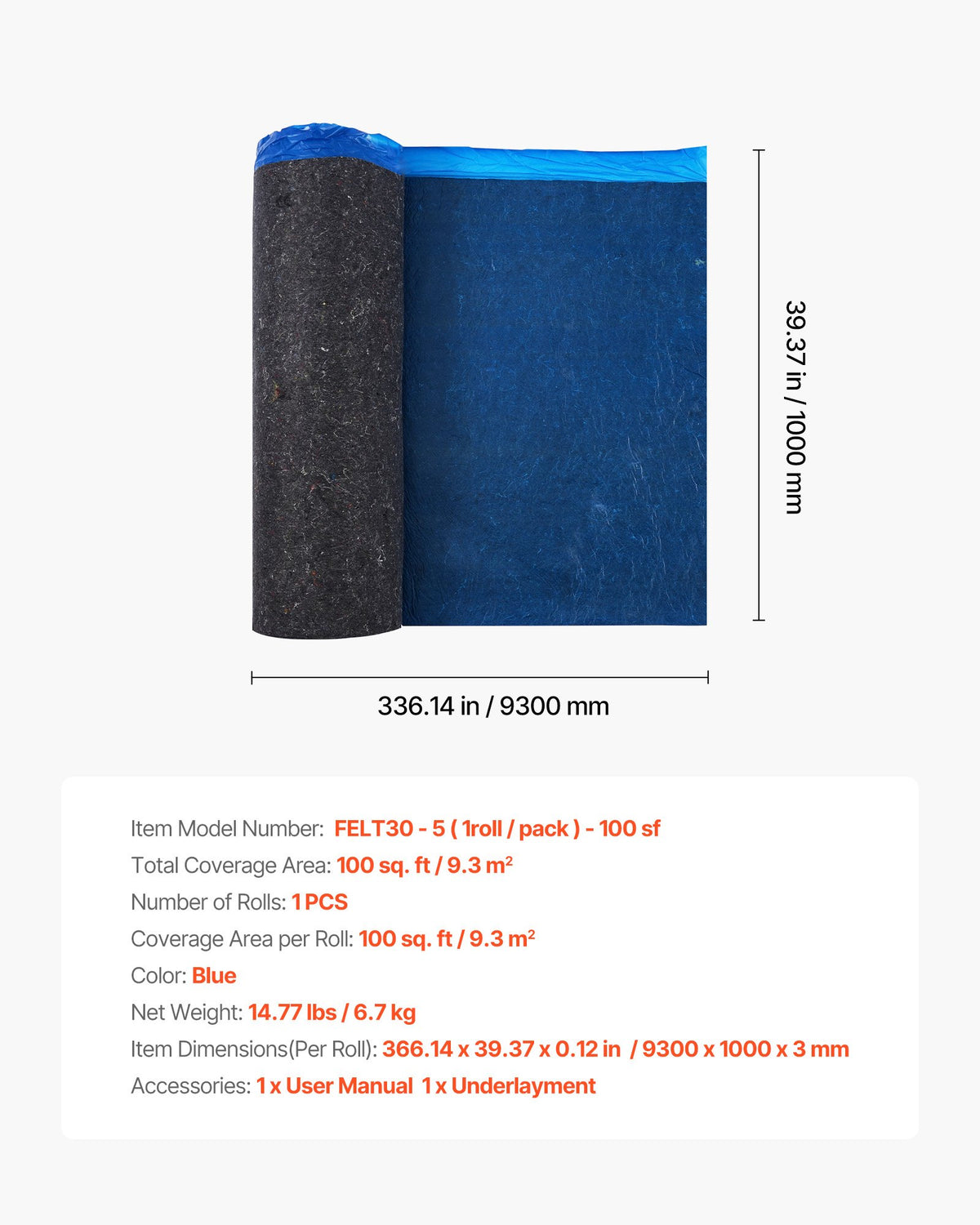 Golvunderlag 9,3 m²/rulle, 3 mm tjock laminatgolvstoppning med bifogad ångspärr, kraftig fiber + PE-film, ljudisolering och bullerreducering, perfekt för vinylgolv