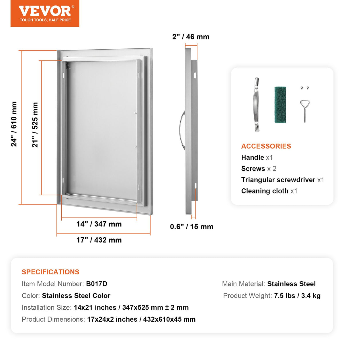 BBQ Access Door, 432x610 mm Single Outdoor Kitchen Door, Stainless Steel Flush Mount Door, Wall Vertical Door with Handle, for BBQ Island, Grilling Station, Outside Cabinet