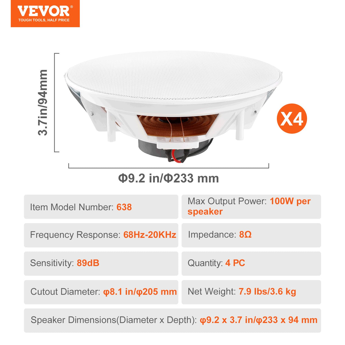 4 st. 8-tums/20,3 cm takhögtalare 100 W infällda tak- och vägghögtalare