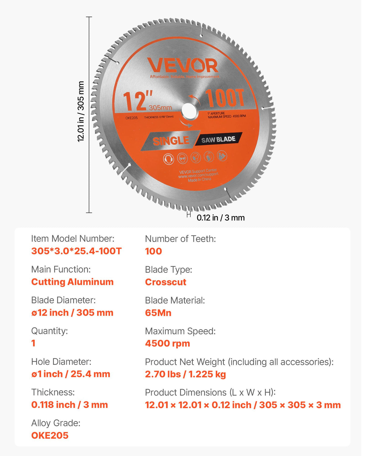 Circular Saw Blade, 305 mm Diameter, 100 Sharp Alloy Teeth, 25.4 mm Arbor, Fine Finish, Aluminum Cutting Blade for Circular Saw, with Noise-Reducing Heat Vents, for Cutting Steel and Metal