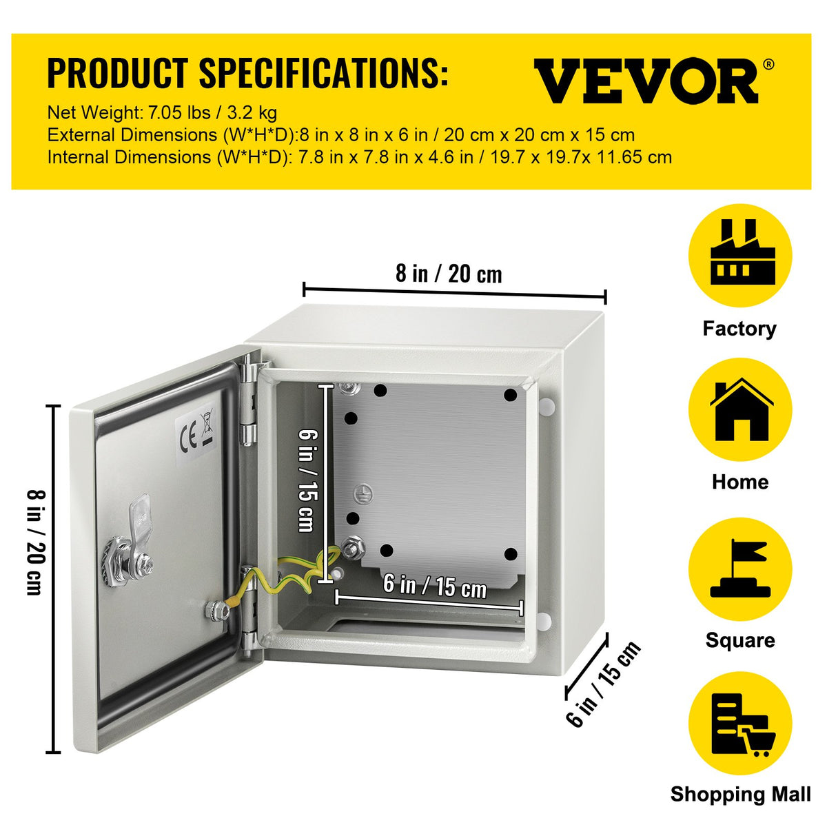 NEMA Steel Enclosure, 20x20x15 cm NEMA 4X Steel Electrical Box, IP66 Waterproof & Dustproof, Outdoor / Indoor Electrical Junction Box