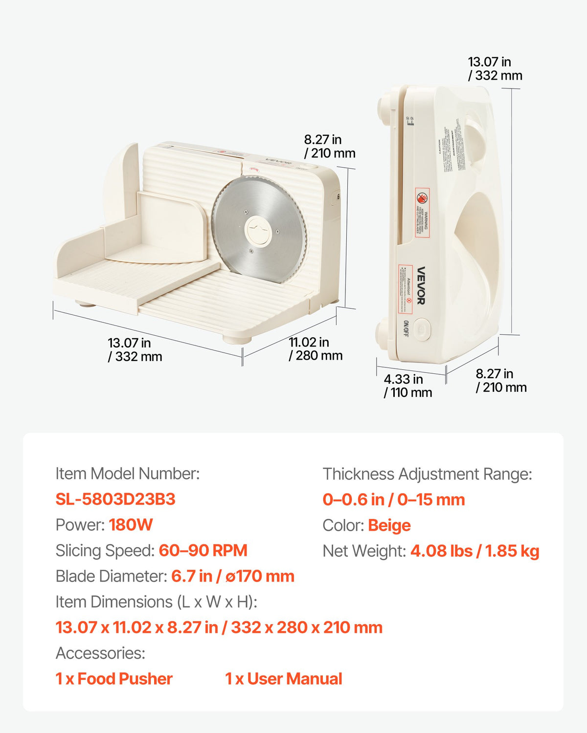 Meat Slicer, 180W Electric Deli Slicer Machine with 170 mm Sharp Blade, Home Meat-Slicer with 60-90 RPM Slicing Speed, 0-15 mm Adjustable Thickness, for Frozen Meat, Ham, Baguett & Prime Steak