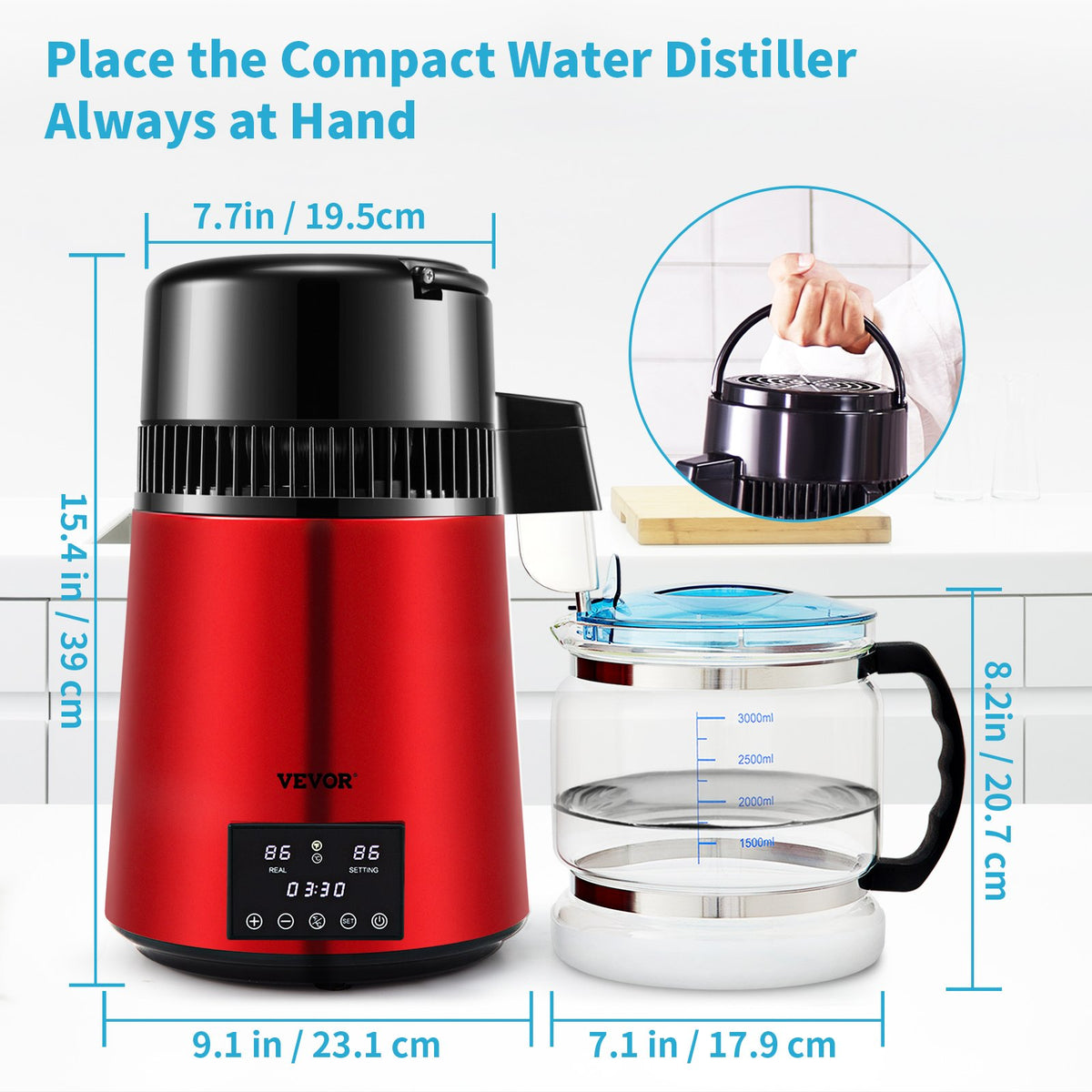 Vattendestilleri, 1 l/h, 4 l destillerat vatten med 0-99 timmars timer, 750 W bänkskåpsvattenrenare med dubbel temperaturdisplay, rengöringspulver för glaskanna med 3 kolpaket, FDA-godkänd, Re