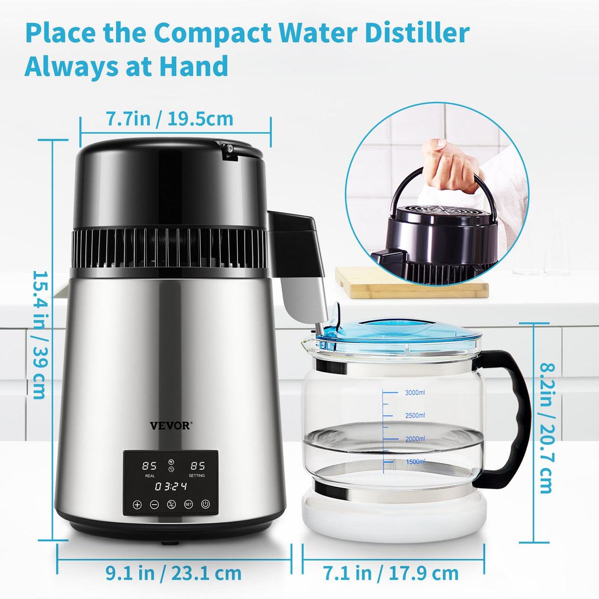 Vattendestilleri, 1 l/h, 4 l destillerat vatten med 0-99 timmars timer, 750 W bänkskåpsvattenrenare med dubbel temperaturdisplay, rengöringspulver för glaskanna med 3 kolpaket, FDA-godkänd, silver