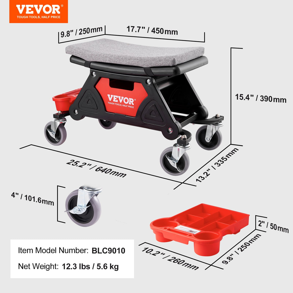 Mekanikerpall, rullande mekanikerstol med kapacitet 136,1 kg och 10,2 cm hjul, tre utdragbara verktygsfack och låda, kraftigt rullande krypsäte för hemma- och garagebyggen, gör-det-själv-bilar