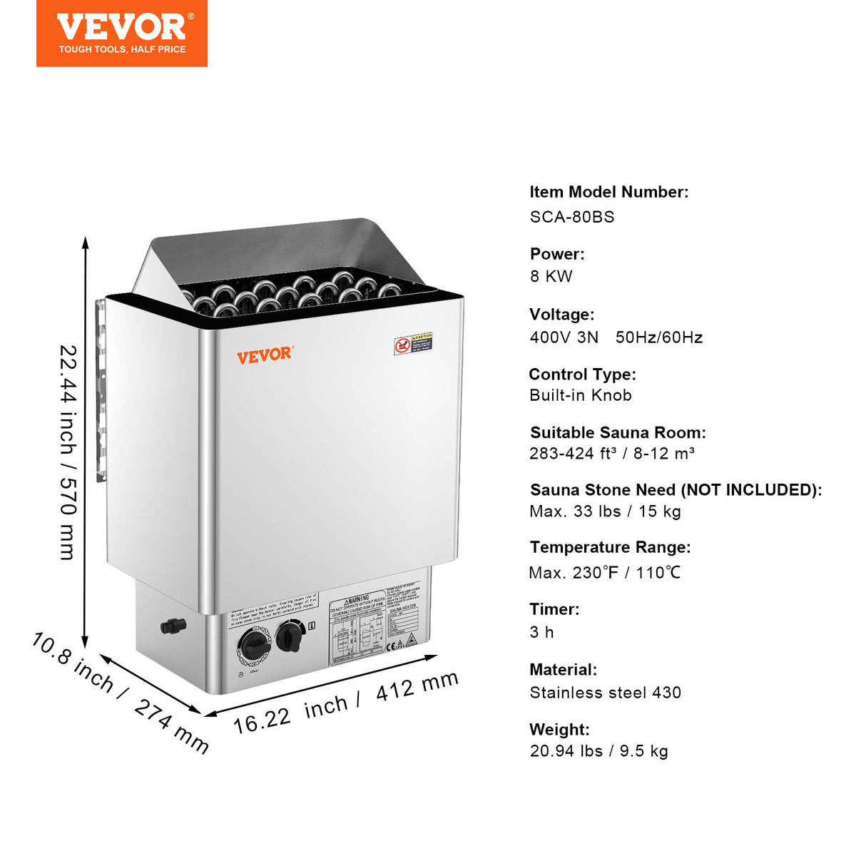 Bastuaggregat, 8KW elektrisk bastuugn, 400V 3N bärbar inomhus-/utomhusbastuaggregat med 3 timmars timer, inbyggda kontroller för 8-12 m³ hem, kommersiell hotellspadusch, slitstarkt rostfritt stål 430