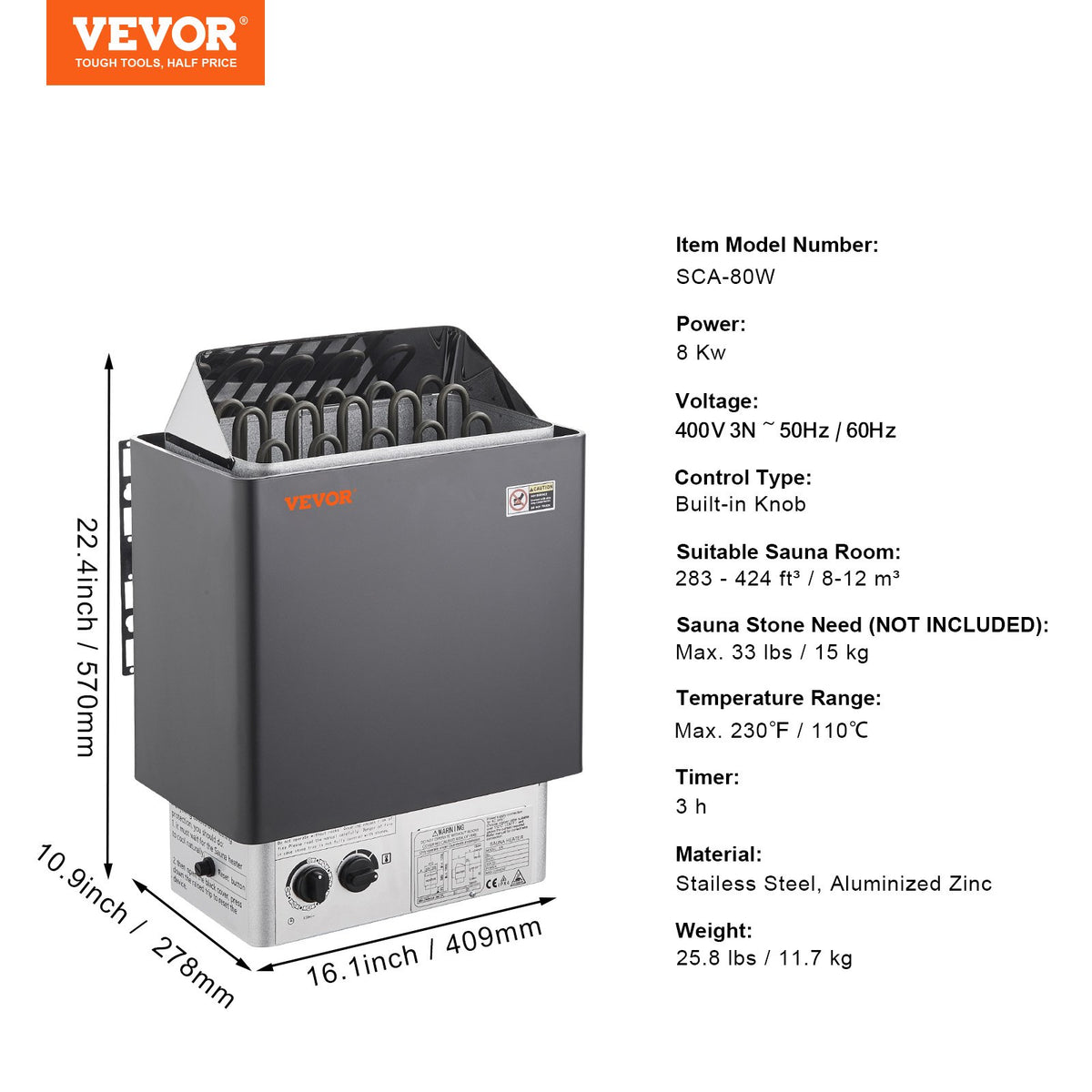 Sauna Heater, 8KW Electric Sauna Stove, 400V 3N Portable Indoor/Outdoor Sauna Heater with 3h Timer, Built-In Controls for 8-12 m³ Home, Commercial Hotel Spa Shower Use, Max 110℃