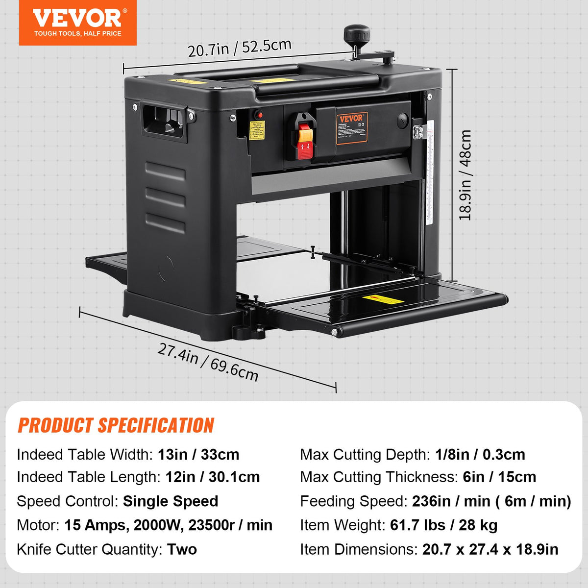 Thickness Planer, Single Speed, 33 cm Width Worktable Benchtop Planer, Two-Blade, 15-Amp 1800W Powerful Motor, 30.5 cm Extended Infeeding Table, Low Noise for Both Hard & Soft Wood Material Removal