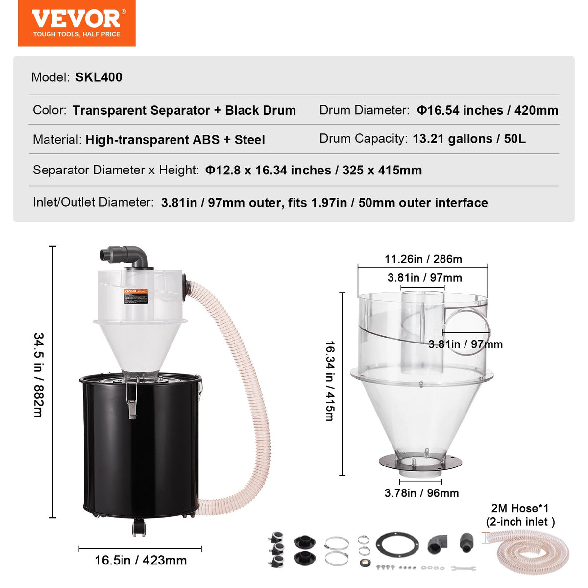 Cyklonavskiljare med metalltank, 4" eftermonterad cyklonavskiljare för dammsugare, ABS-dammmagg med 2" håls ytterdiameter och slang för våt-/torrsugare, passar 50-liters tank