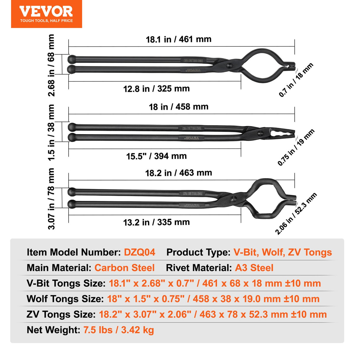 Blacksmith Tongs, 45.7 cm 3 PCS, V-Bit Bolt Tongs, Wolf Jaw Tongs and Z V-Bit Tongs, Carbon Steel Forge Tongs with A3 Steel Rivets, for Beginner and Seasoned Blacksmiths, Bladesmiths and Craftsmen