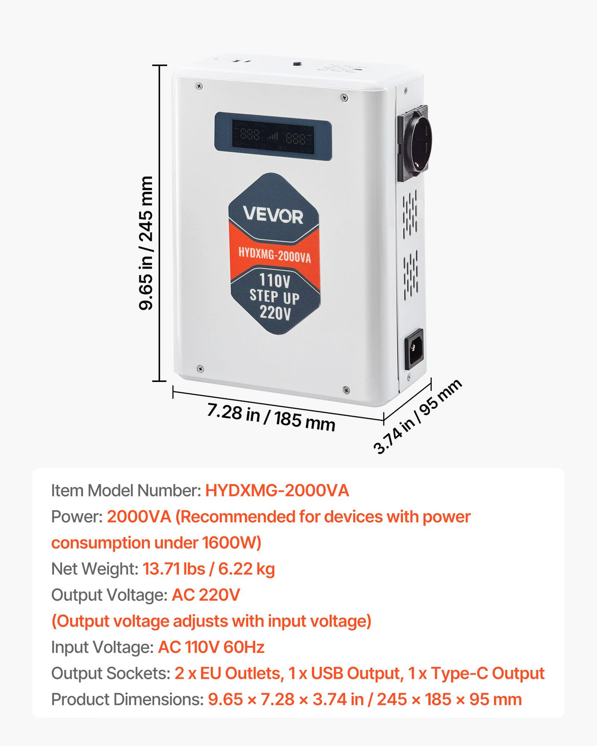 Step Up Voltage Converter, 2000VA, Heavy Duty Voltage Power Converter, 110V to 220V Power Transformer, with 2 EU Outlets, USB Output, LCD Display, Temperature Protection, for 220V Appliances