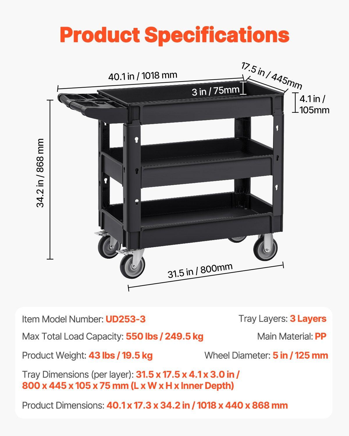 Servicevagn, 550 kg lastkapacitet, 3 hyllplan med kraftig plastrullande verktygsvagn med 360° svängbara hjul (2 med bromsar), ergonomiskt förvaringshandtag för lager/garage/städning