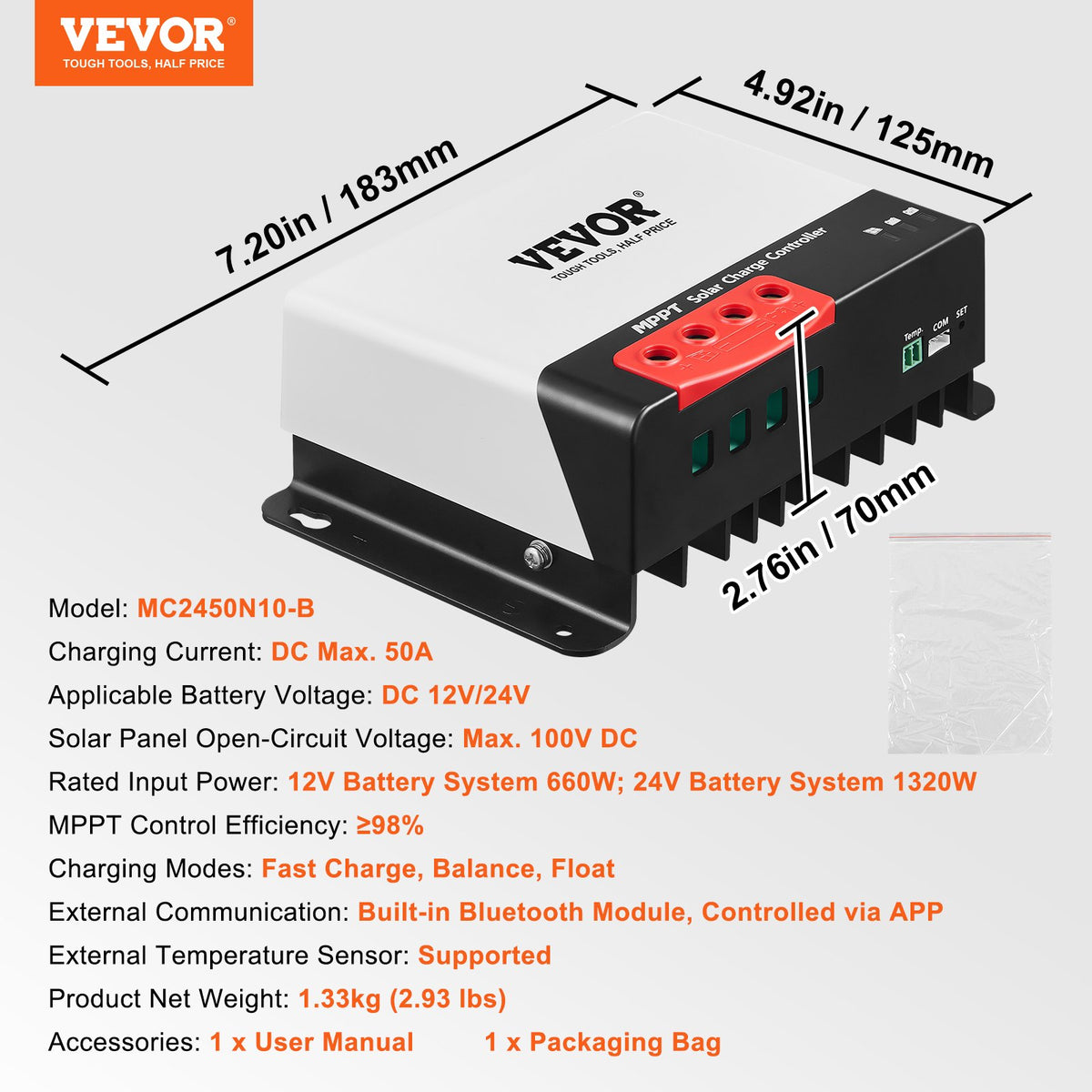 50A MPPT Solar Charge Controller, 12V / 24V Auto DC Input, Solar Panel Regulator Charger with Bluetooth Module, 98% Charging Efficiency for Sealed(AGM), Gel, Flooded and Lithium Battery Charging