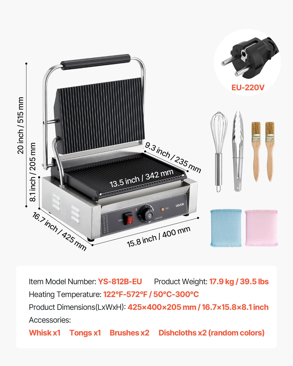 Commercial Panini Grill, 2200W Electric Sandwich Panini Maker, Stainless Steel Sandwichs Press Grill with Handle and Temp Control, 34x23 cm Full Grooved Enamel Plate, for Hamburger Steak Bacon