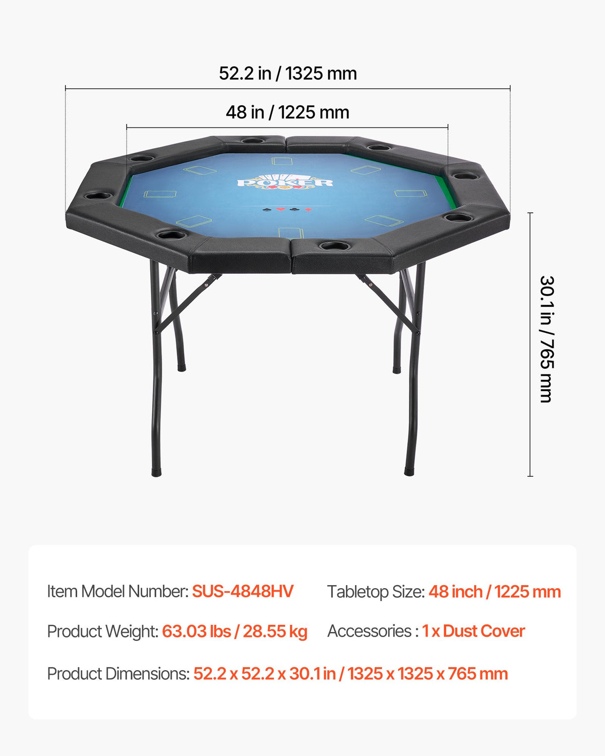 Hopfällbart pokerbord, 8 spelares 1220 mm hopfällbart kasinobord med vadderade skenor och mugghållare, åttkantiga bärbara spelbord med filt- och metallben, för Texas Hold'em-spel och Blackjack