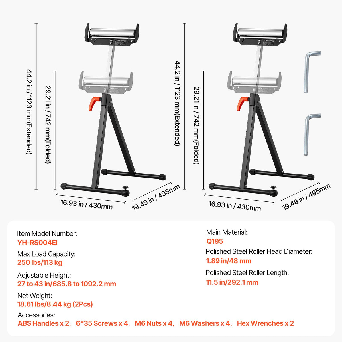 2-pack rullstativ, 113 kg/250 lbs lastkapacitet, 686 mm-1092 mm / 27-43 tum justerbar höjd, hopfällbara kraftiga med rullhuvud i polerat stål och kantstyrningar, för bordssågens utmatning, träbearbetningsförlängningsstöd