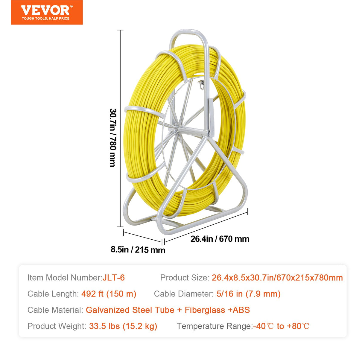 Fisktejp glasfiber, 150,3 m, 8,0 mm, kanalstång fisktejptrådsavdragare, kabeldragningsstång med stålrulleställ, 3 draghuvuden, fiskeverktyg för väggar och elrör, icke-ledande