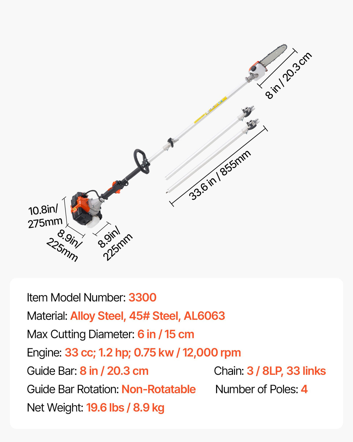 Bensindriven stångsåg, 33CC 2-takts bensindriven stångsåg med 20,3 cm skärsvärd, sladdlös trädtrimmer med 850 ml bränsletank, 2 till 3,5 m utdragbar, kraftfull motorsåg för trädbeskärning