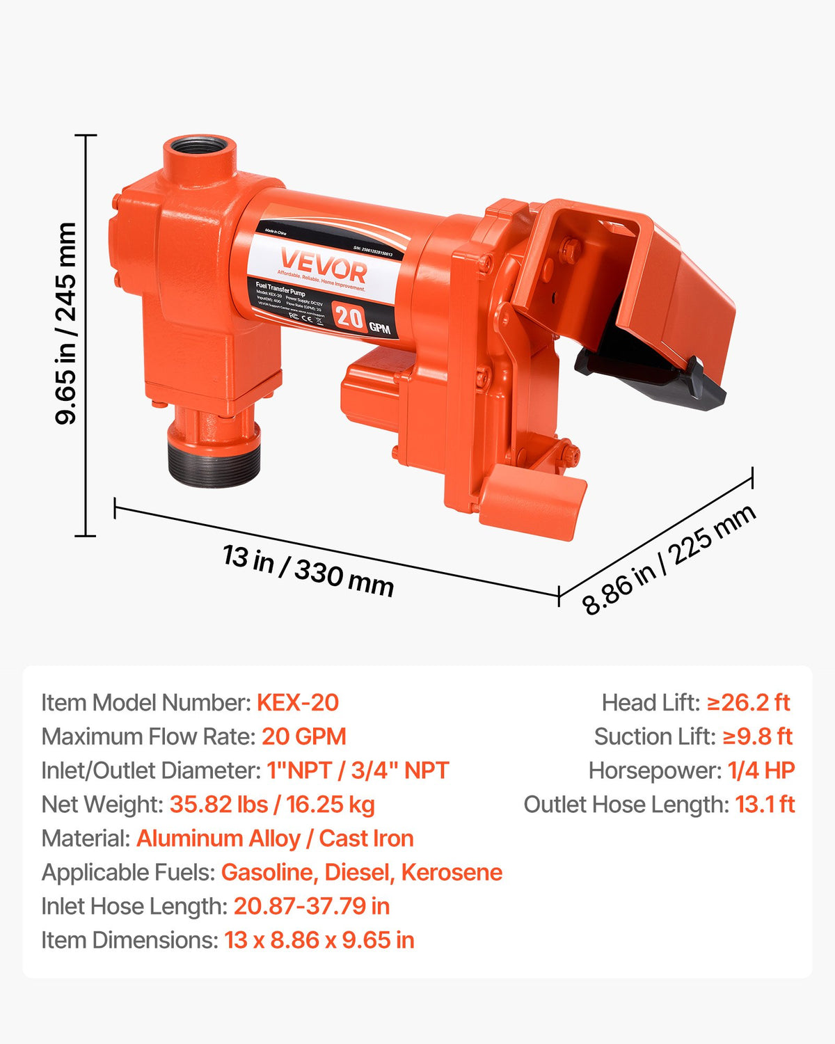 Bränsleöverföringspump, 12V DC 76 L/min (20 GPM) 186W (1/4 hk) dieselpump, utsugspumpar med manuellt munstycke, utloppsslang och sugrör, för bensin, diesel, fotogen, etanol-metanolblandningar och biodiesel
