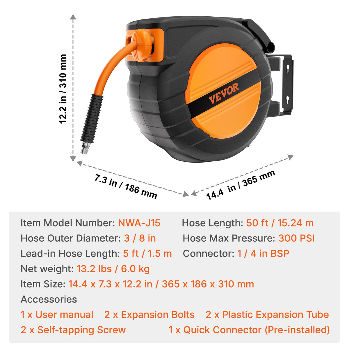 Indragbar luftslangvinda, 3/8IN x 50FT hybridluftslang max 300PSI, automatisk återupprullning av luftkompressorslangvinda med 5FT genomföring, tak-/väggmonterad, kapslad PP-vinda och inbyggd 180° vridbar konsol